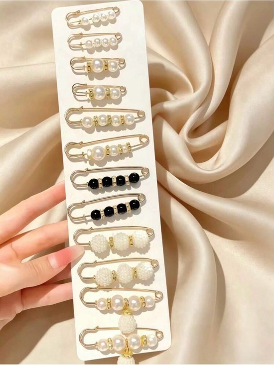 Accessories - Gold-Tone Safety Pin Clips Set White & Black Beads clothing brooch designer